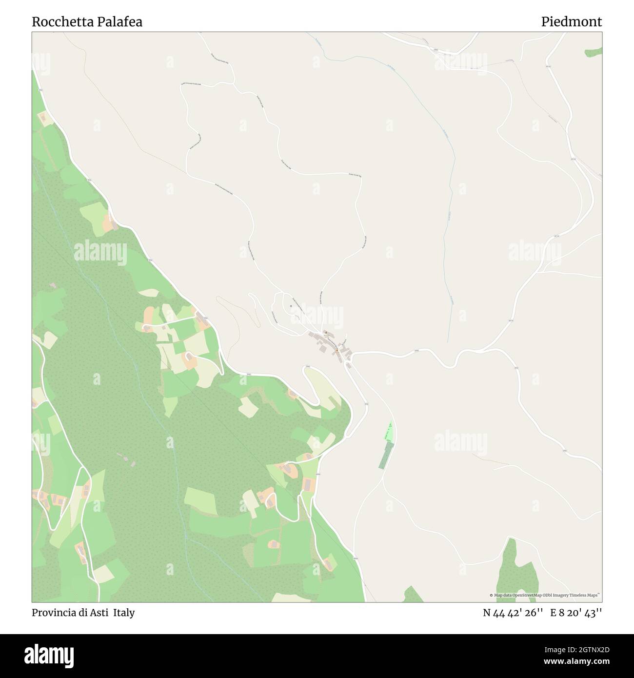 Rocchetta Palafea, Provincia di Asti, Italia, Piemonte, N 44 42' 26'', e 8 20' 43'', mappa, Mappa senza tempo pubblicata nel 2021. Viaggiatori, esploratori e avventurieri come Florence Nightingale, David Livingstone, Ernest Shackleton, Lewis and Clark e Sherlock Holmes si sono affidati alle mappe per pianificare i viaggi verso gli angoli più remoti del mondo, Timeless Maps sta mappando la maggior parte delle località del mondo, mostrando il successo di grandi sogni Foto Stock