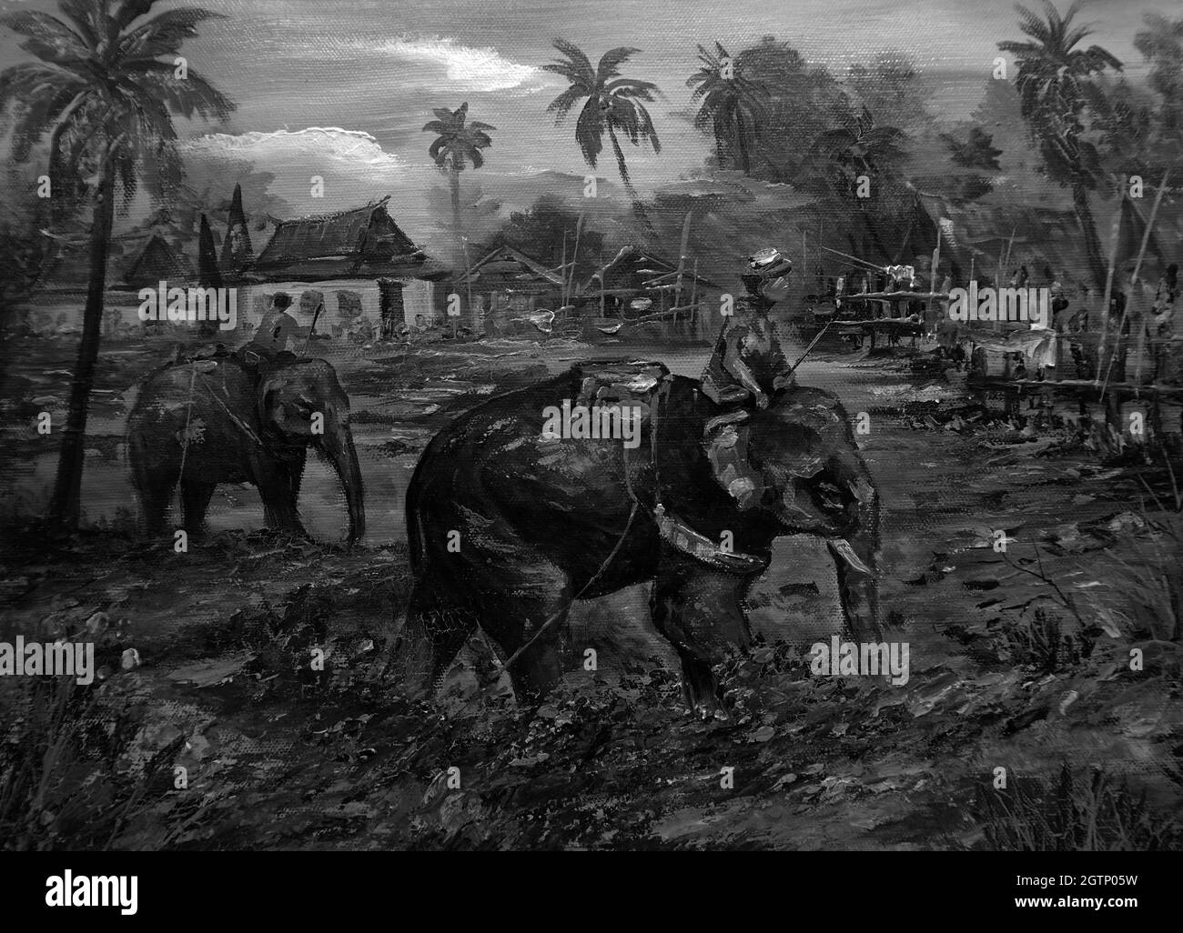 Arte pittura olio colore Elephant famiglia Thai terra, campagna Foto Stock