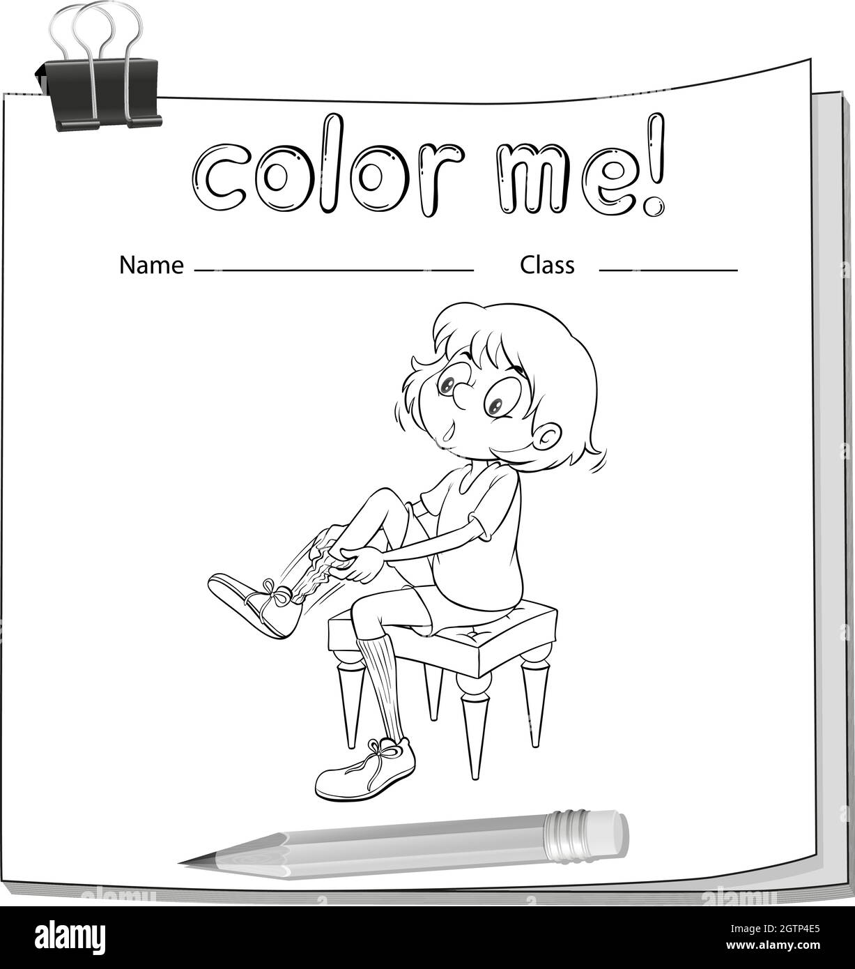 Un foglio di lavoro che mostra una ragazza che fissa le sue scarpe Illustrazione Vettoriale