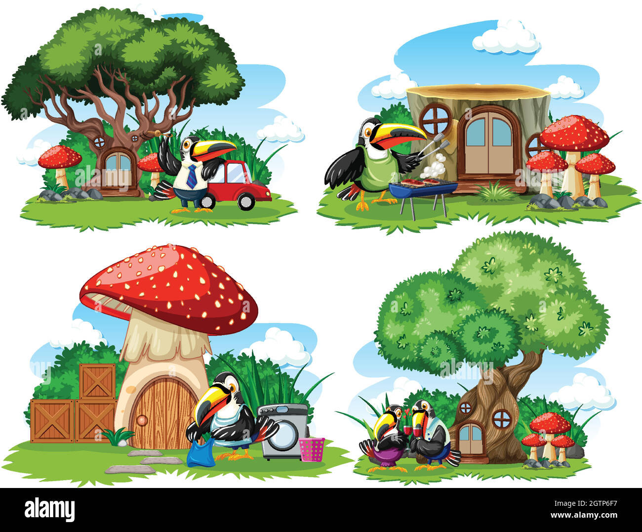 Set di case fantasy nel giardino con animali carini isolati su sfondo bianco Illustrazione Vettoriale