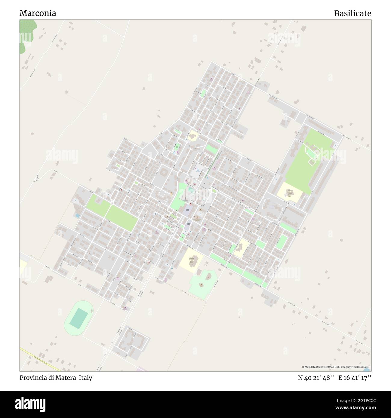 Marconia, Provincia di Matera, Italia, Basilicato, N 40 21' 48'', e 16 41' 17''', mappa, Mappa senza tempo pubblicata nel 2021. Viaggiatori, esploratori e avventurieri come Florence Nightingale, David Livingstone, Ernest Shackleton, Lewis and Clark e Sherlock Holmes si sono affidati alle mappe per pianificare i viaggi verso gli angoli più remoti del mondo, Timeless Maps sta mappando la maggior parte delle località del mondo, mostrando il successo di grandi sogni Foto Stock