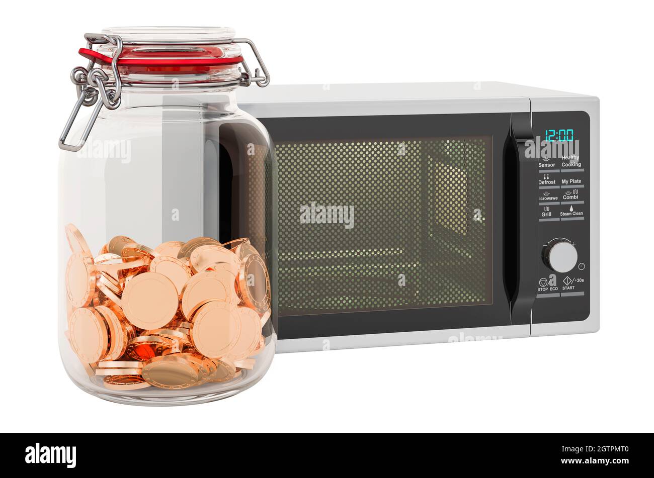 Forno a microonde con vaso in vetro pieno di monete d'oro, 3D rendering  isolato su sfondo bianco Foto stock - Alamy