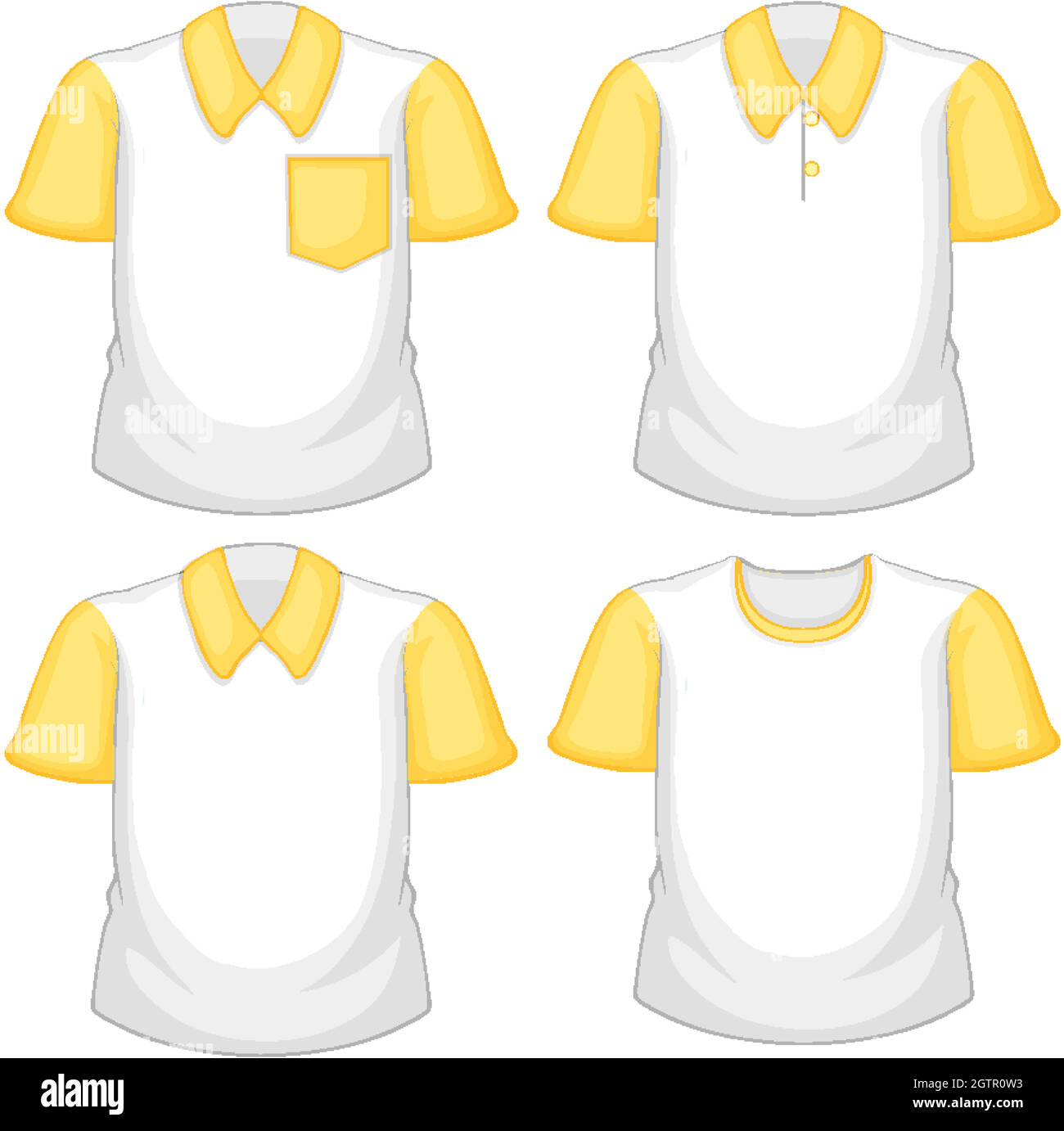 Set di diverse camicie bianche con maniche corte gialle isolate su sfondo bianco Illustrazione Vettoriale