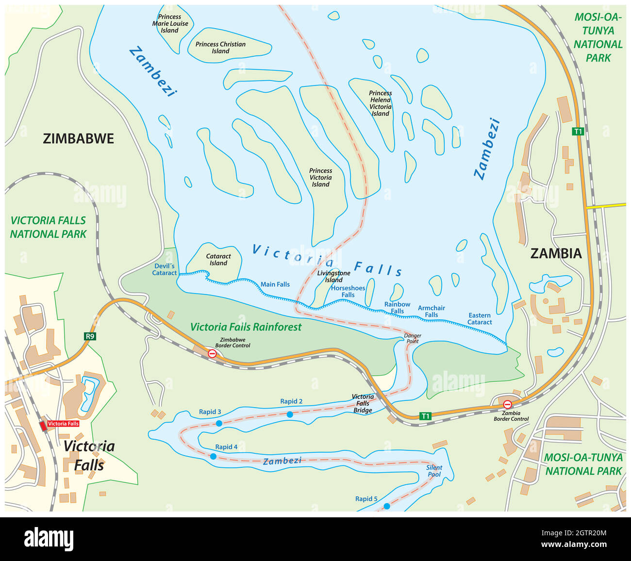 Mappa vettoriale delle Cascate Vittoria sul fiume Zambesi, Samia, Zimbabwe Illustrazione Vettoriale