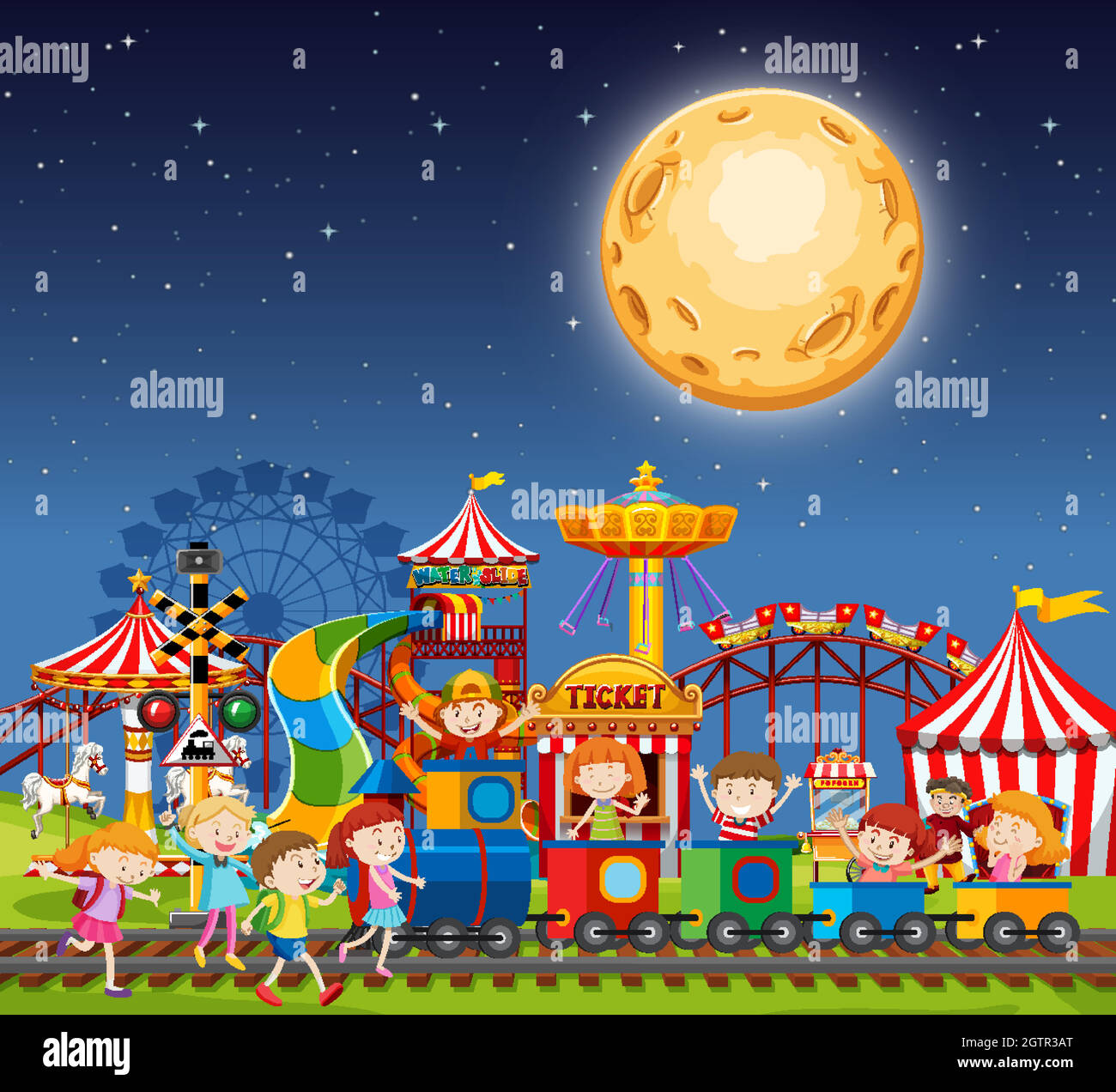 Parco divertimenti di notte con la luna grande nel cielo Illustrazione Vettoriale