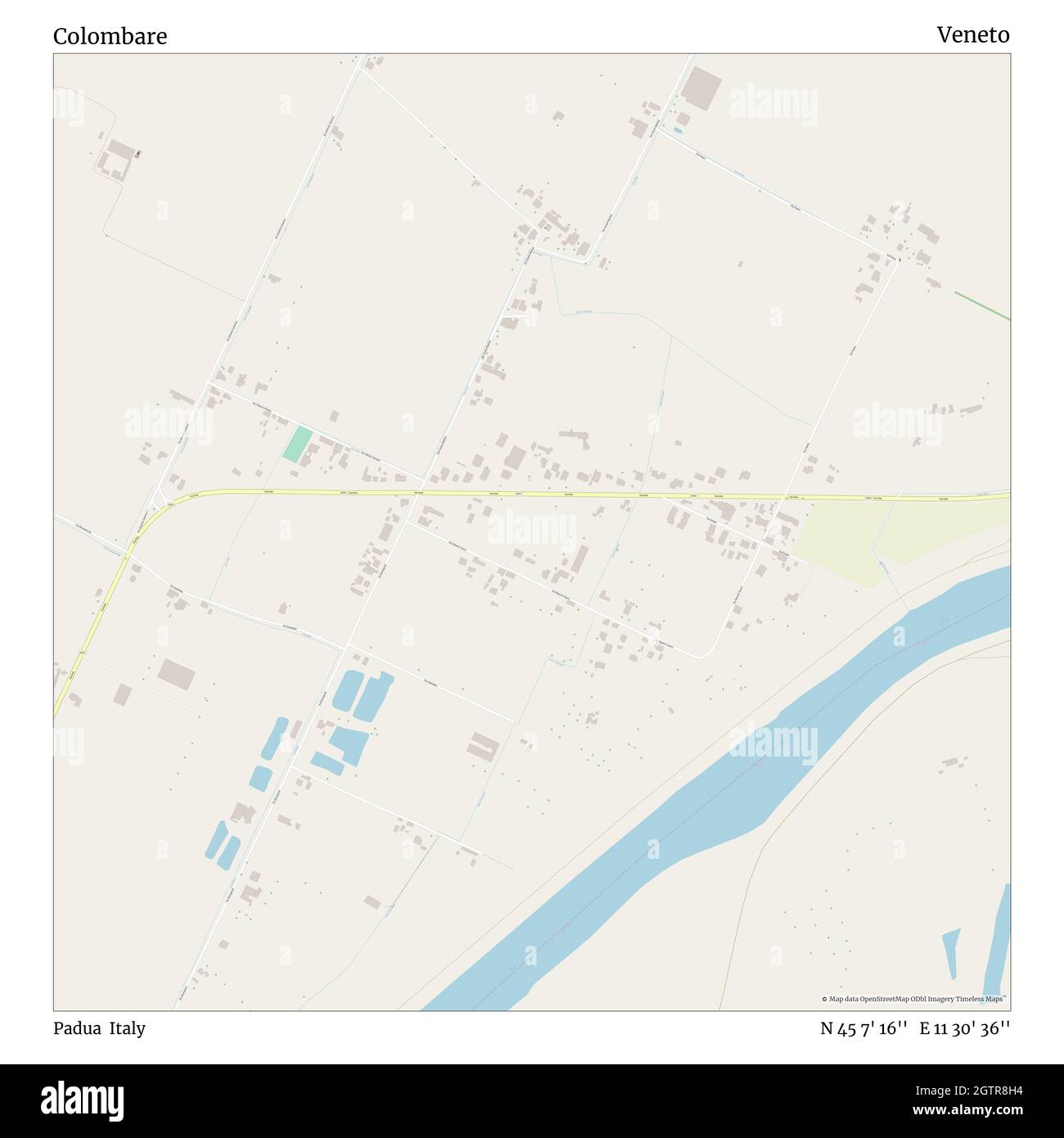 Colombare, Padova, Italia, Veneto, N 45 7' 16'', e 11 30' 36'', mappa, Mappa senza tempo pubblicata nel 2021. Viaggiatori, esploratori e avventurieri come Florence Nightingale, David Livingstone, Ernest Shackleton, Lewis and Clark e Sherlock Holmes si sono affidati alle mappe per pianificare i viaggi verso gli angoli più remoti del mondo, Timeless Maps sta mappando la maggior parte delle località del mondo, mostrando il successo di grandi sogni Foto Stock