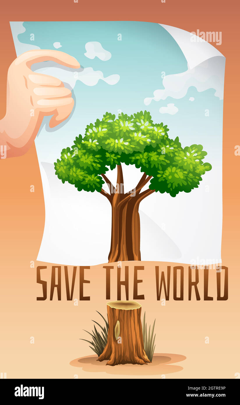 Salva il tema del mondo con albero e carta Illustrazione Vettoriale