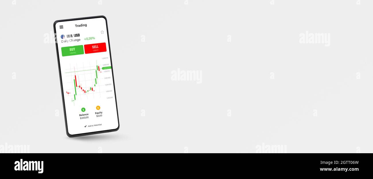 App mobile trading su smartphone. Mercato azionario, concetto di banner di investimento Foto Stock