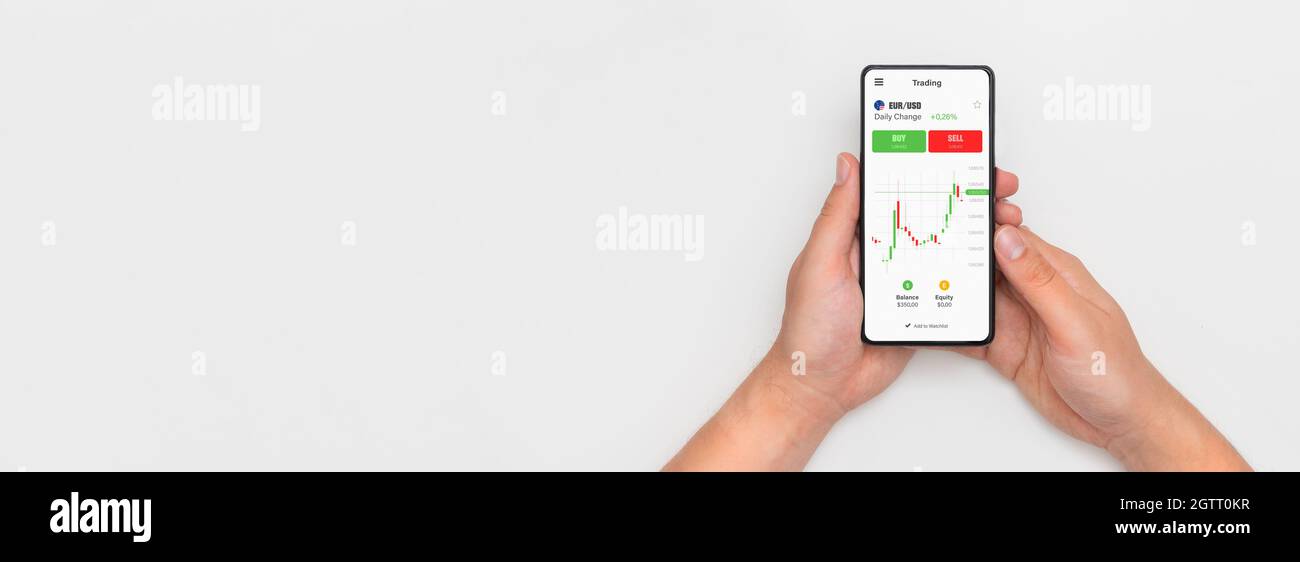 Invevstor con app mobile trader. Mercato azionario, concetto di investimento Foto Stock