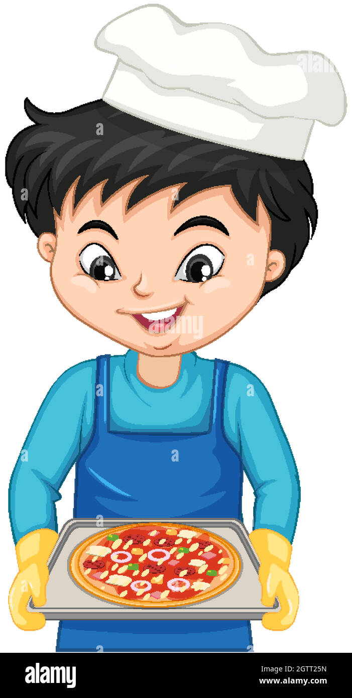 Personaggio cartoon di un ragazzo chef che tiene un vassoio di pizza Illustrazione Vettoriale