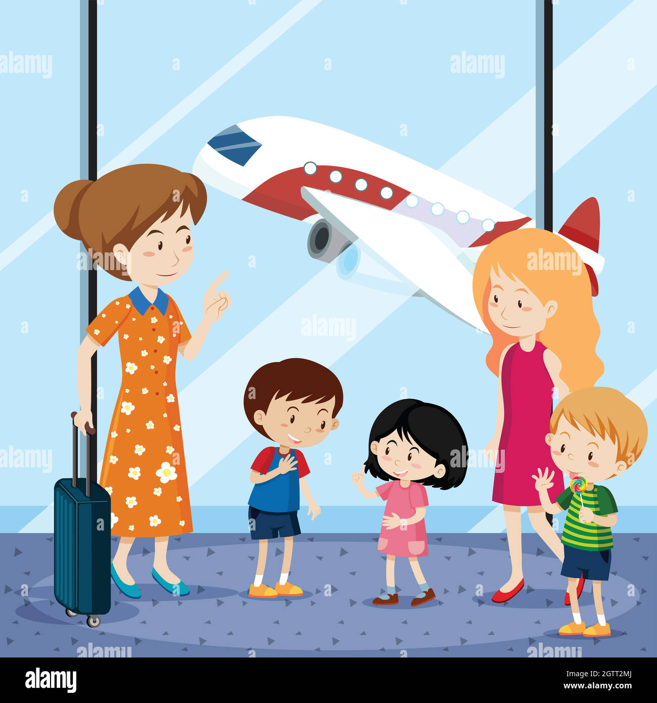 Persone all'aeroporto con l'aereo in background Illustrazione Vettoriale