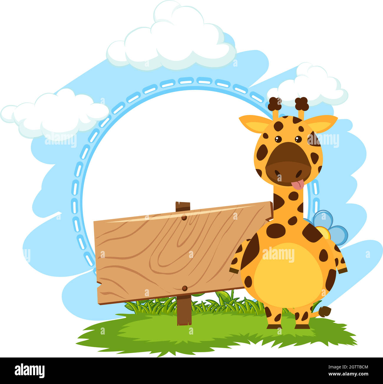 Giraffa accanto a un cartello in legno bianco Illustrazione Vettoriale