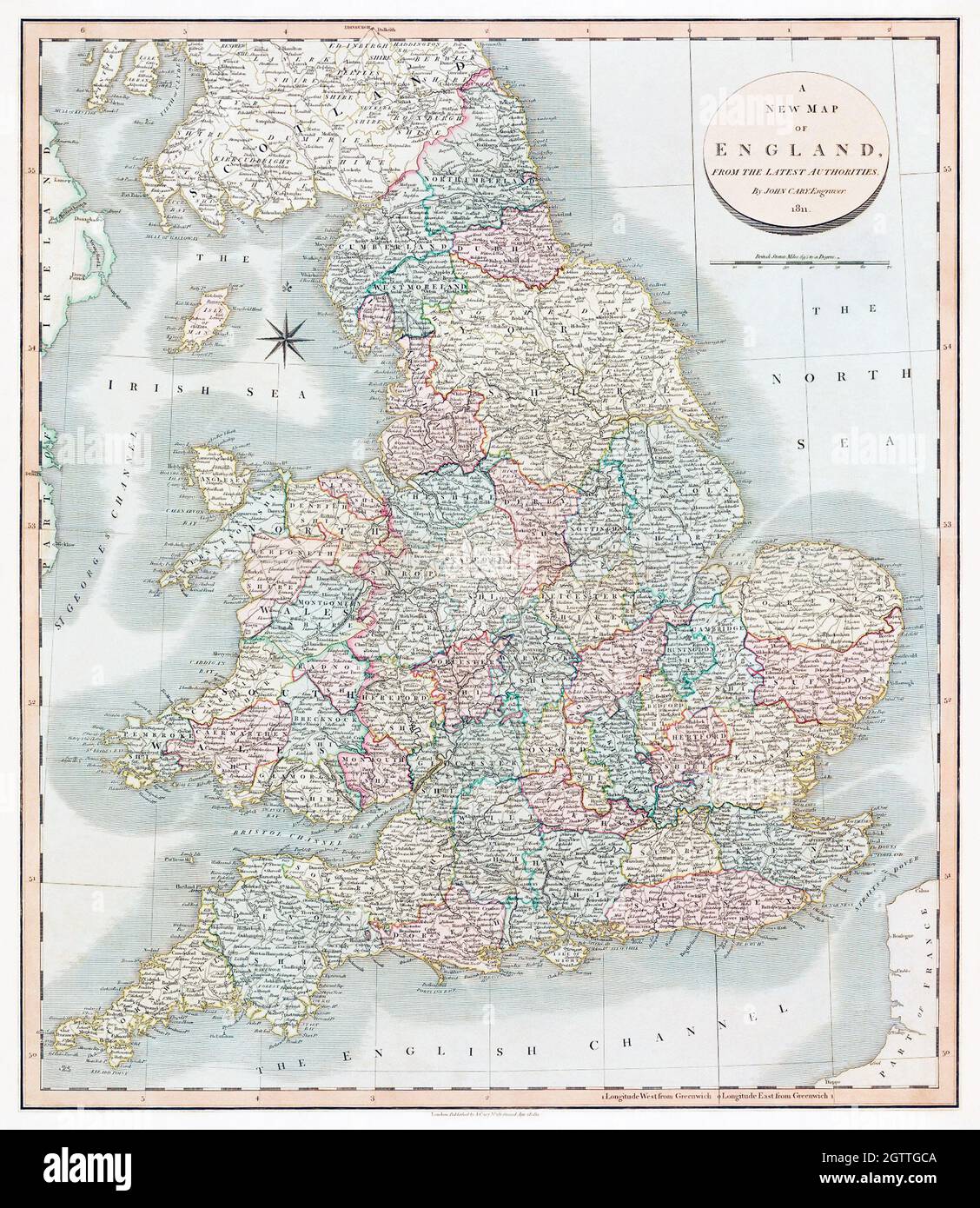 Una nuova mappa dell'Inghilterra (1811) di John Cary. Regno Unito, Gran Bretagna. Foto Stock
