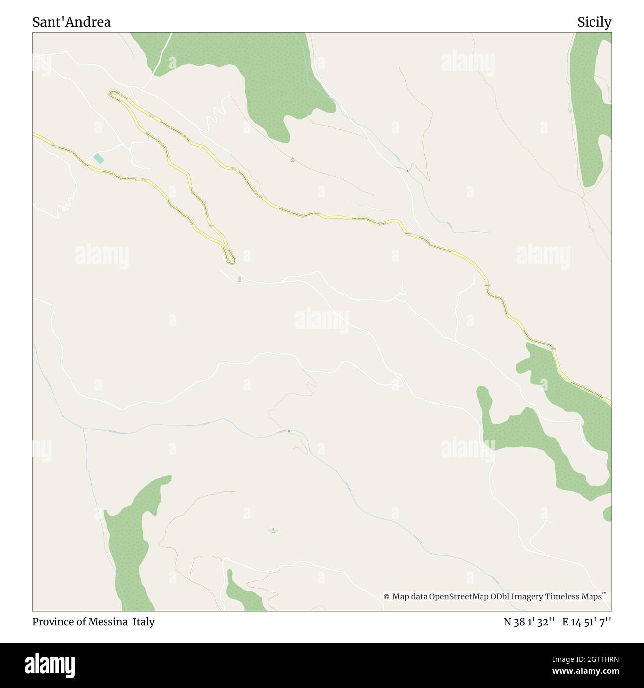 Sant'Andrea, Provincia di Messina, Italia, Sicilia, N 38 1' 32'', e 14 51' 7''', mappa, Mappa senza tempo pubblicata nel 2021. Viaggiatori, esploratori e avventurieri come Florence Nightingale, David Livingstone, Ernest Shackleton, Lewis and Clark e Sherlock Holmes si sono affidati alle mappe per pianificare i viaggi verso gli angoli più remoti del mondo, Timeless Maps sta mappando la maggior parte delle località del mondo, mostrando il successo di grandi sogni Foto Stock