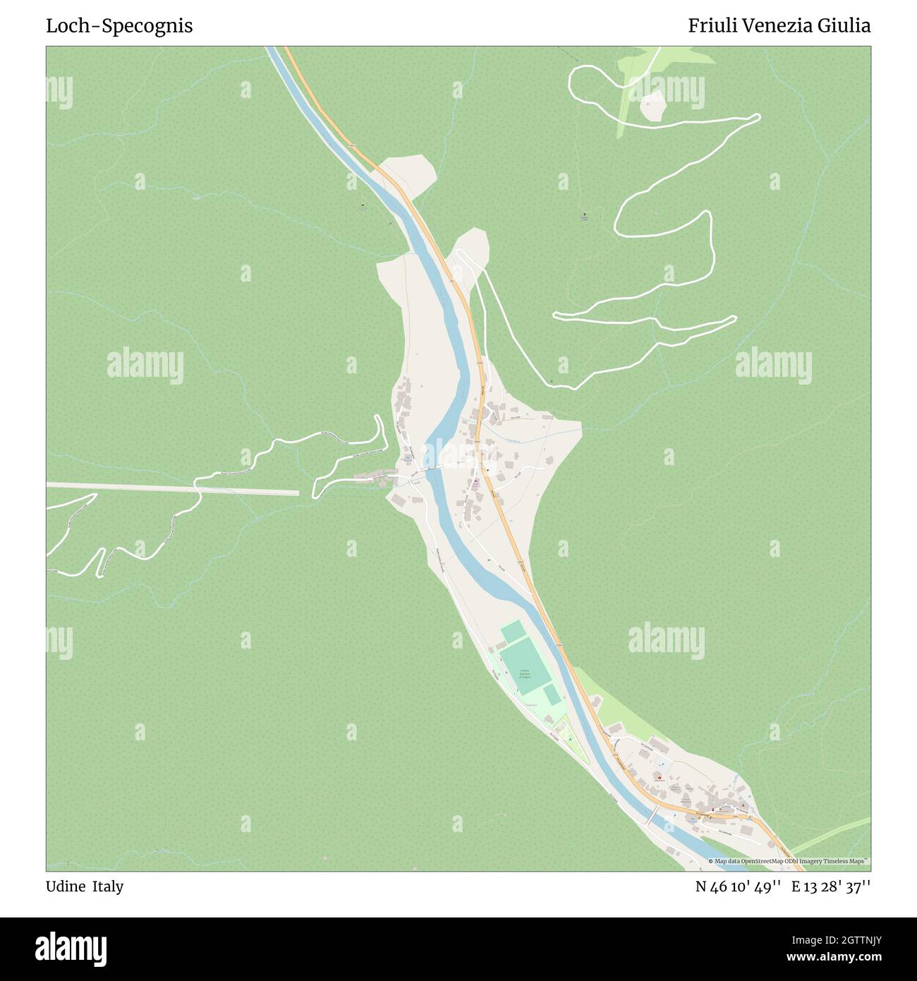 Loch-Specogniz, Udine, Italia, Friuli Venezia Giulia, N 46 10' 49'', e 13 28' 37''', mappa, Mappa senza tempo pubblicata nel 2021. Viaggiatori, esploratori e avventurieri come Florence Nightingale, David Livingstone, Ernest Shackleton, Lewis and Clark e Sherlock Holmes si sono affidati alle mappe per pianificare i viaggi verso gli angoli più remoti del mondo, Timeless Maps sta mappando la maggior parte delle località del mondo, mostrando il successo di grandi sogni Foto Stock