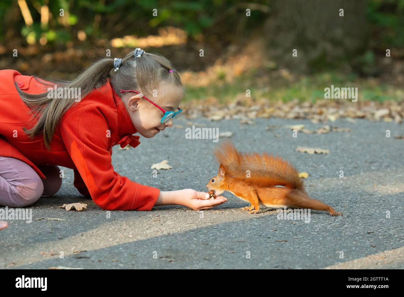 Una ragazza con la sindrome di Down nutre una noce scoiattolo nella foresta al tramonto Foto Stock