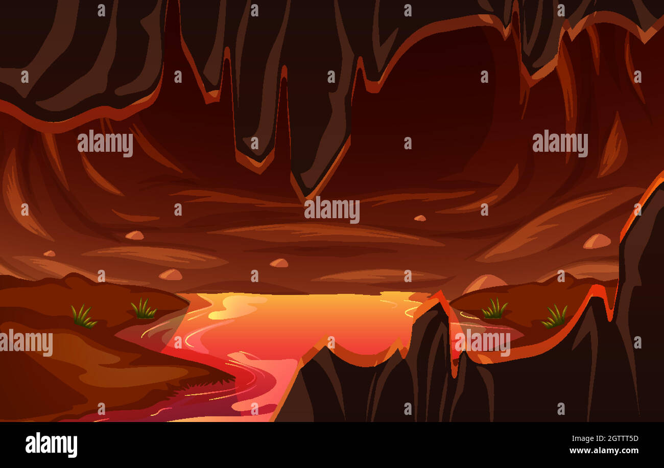 Caverna oscura infernale con scena lavica Illustrazione Vettoriale