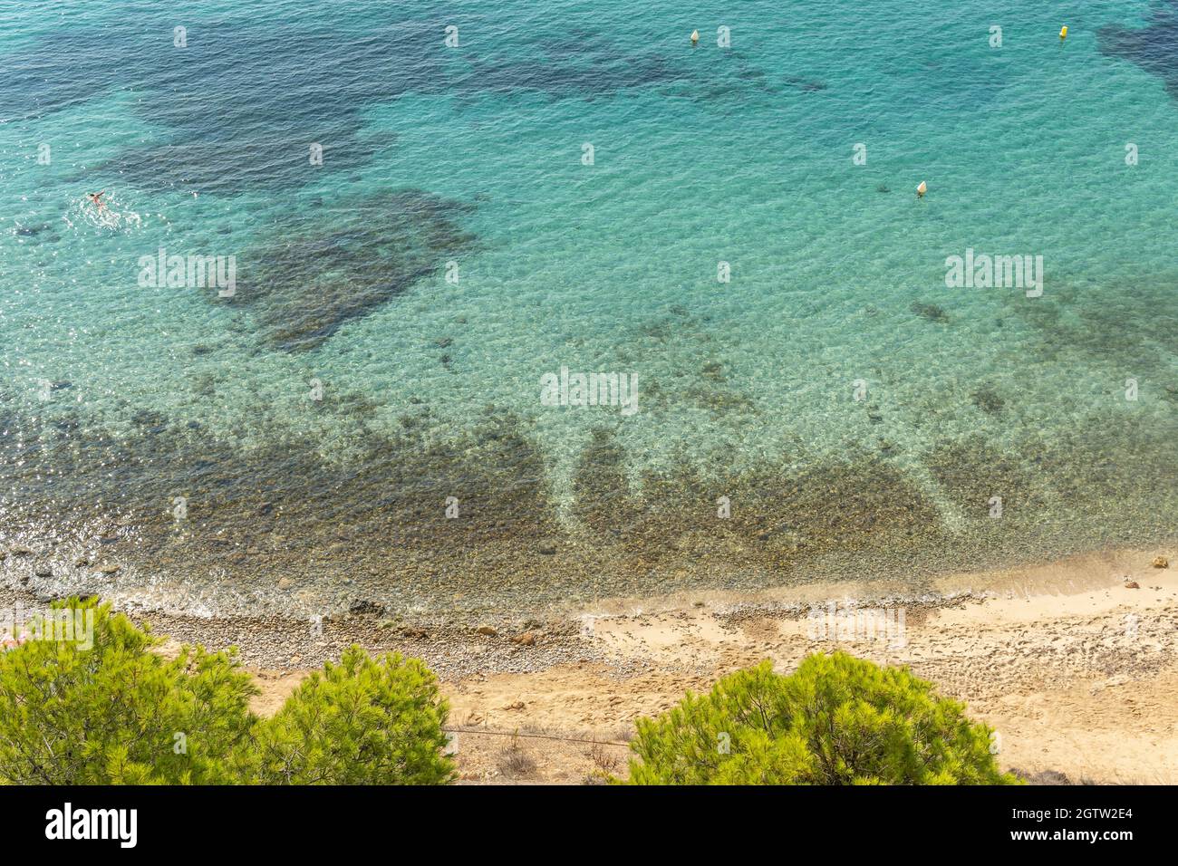Vista aerea della spiaggia della cittadina di Mallorcan di Portals Nous in una mattinata di sole con bagnanti sulla spiaggia Foto Stock