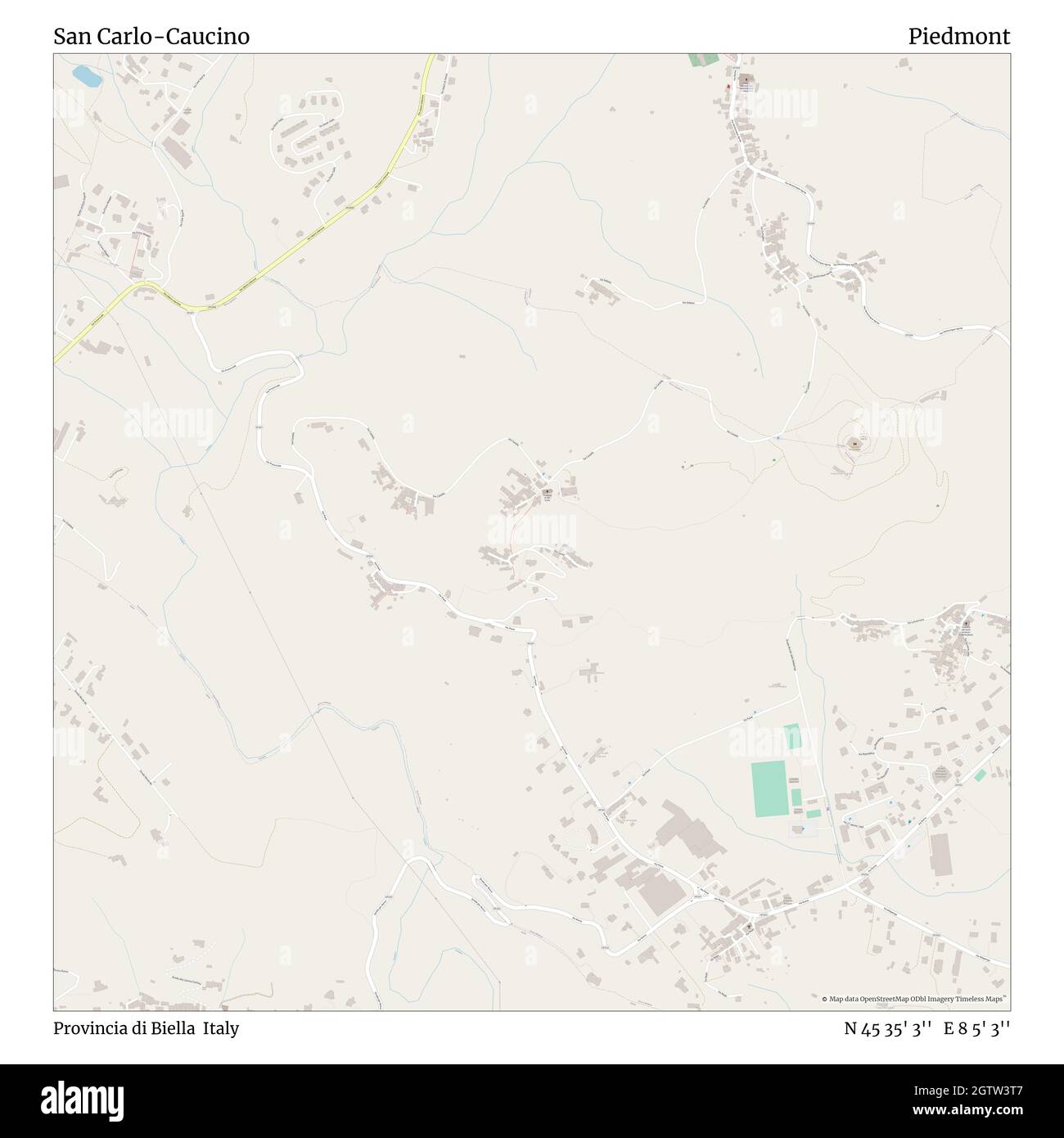 San Carlo-Caucino, Provincia di Biella, Italia, Piemonte, N 45 35' 3'', e 8 5' 3'', mappa, Mappa senza tempo pubblicata nel 2021. Viaggiatori, esploratori e avventurieri come Florence Nightingale, David Livingstone, Ernest Shackleton, Lewis and Clark e Sherlock Holmes si sono affidati alle mappe per pianificare i viaggi verso gli angoli più remoti del mondo, Timeless Maps sta mappando la maggior parte delle località del mondo, mostrando il successo di grandi sogni Foto Stock