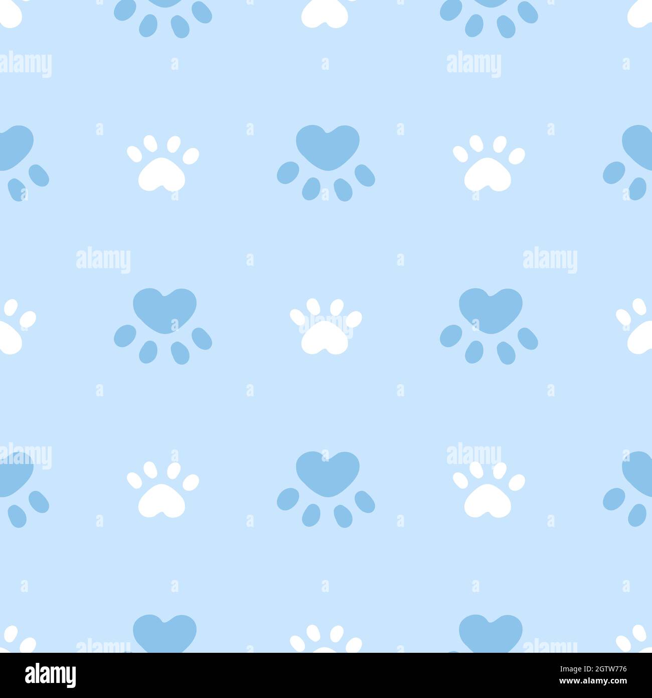 Blu e bianco gatto o cane senza cuciture pattern. Illustrazione del vettore di sfondo delle zampe meuca e gatto. Carino personaggio pastello cartoon per baby stampa bambino bambino bambino bambino bambino. Illustrazione Vettoriale