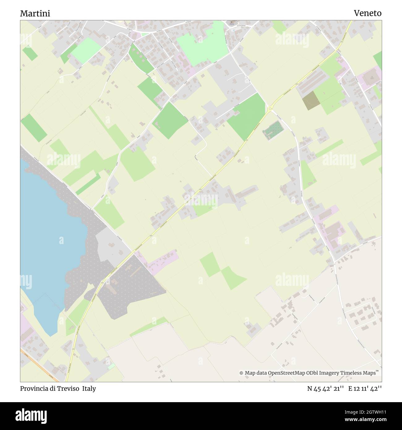 Martini, Provincia di Treviso, Italia, Veneto, N 45 42' 21'', e 12 11' 42'', mappa, Mappa senza tempo pubblicata nel 2021. Viaggiatori, esploratori e avventurieri come Florence Nightingale, David Livingstone, Ernest Shackleton, Lewis and Clark e Sherlock Holmes si sono affidati alle mappe per pianificare i viaggi verso gli angoli più remoti del mondo, Timeless Maps sta mappando la maggior parte delle località del mondo, mostrando il successo di grandi sogni Foto Stock