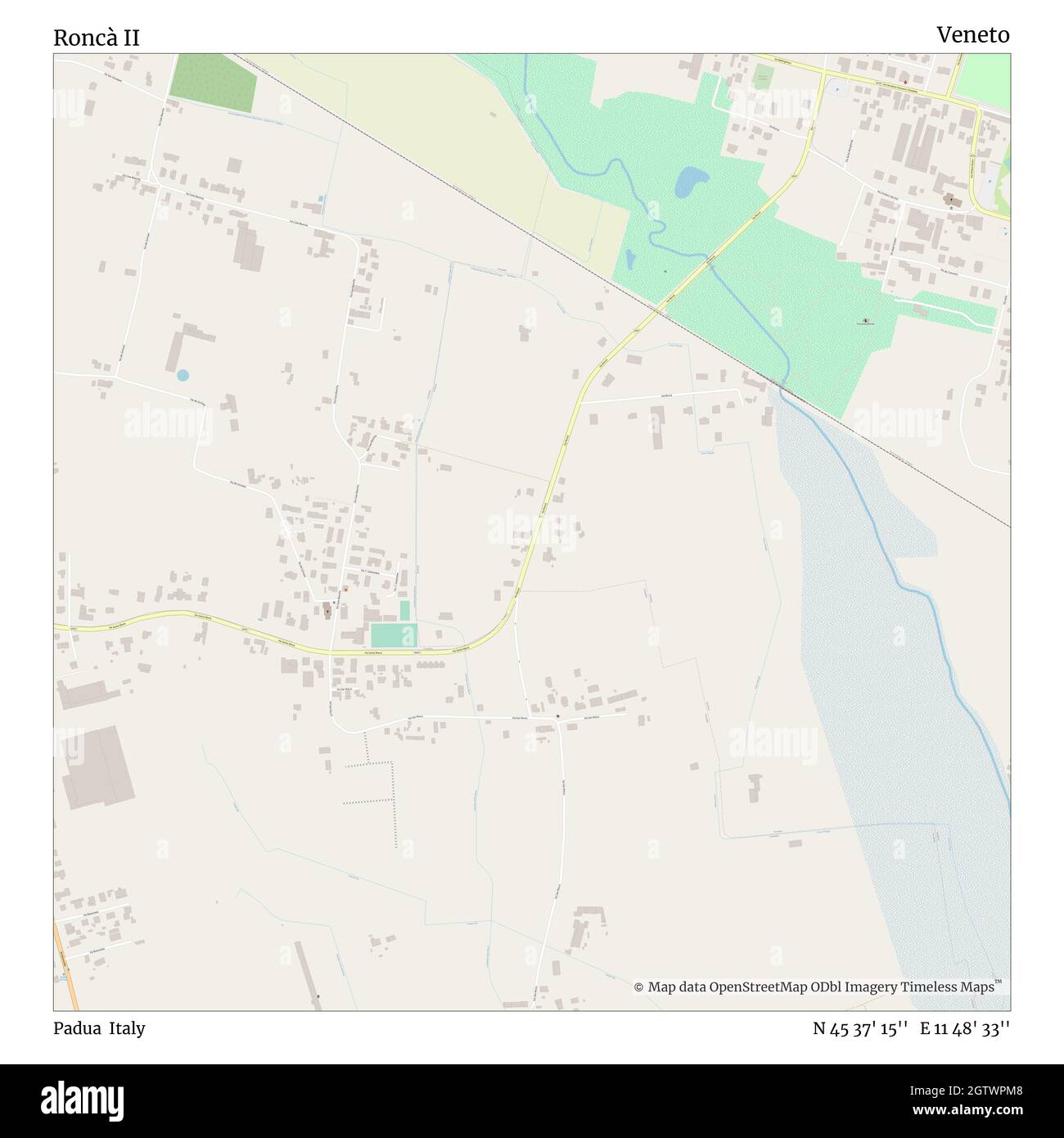 Roncà II, Padova, Italia, Veneto, N 45 37' 15'', e 11 48' 33'', mappa, Mappa senza tempo pubblicata nel 2021. Viaggiatori, esploratori e avventurieri come Florence Nightingale, David Livingstone, Ernest Shackleton, Lewis and Clark e Sherlock Holmes si sono affidati alle mappe per pianificare i viaggi verso gli angoli più remoti del mondo, Timeless Maps sta mappando la maggior parte delle località del mondo, mostrando il successo di grandi sogni Foto Stock