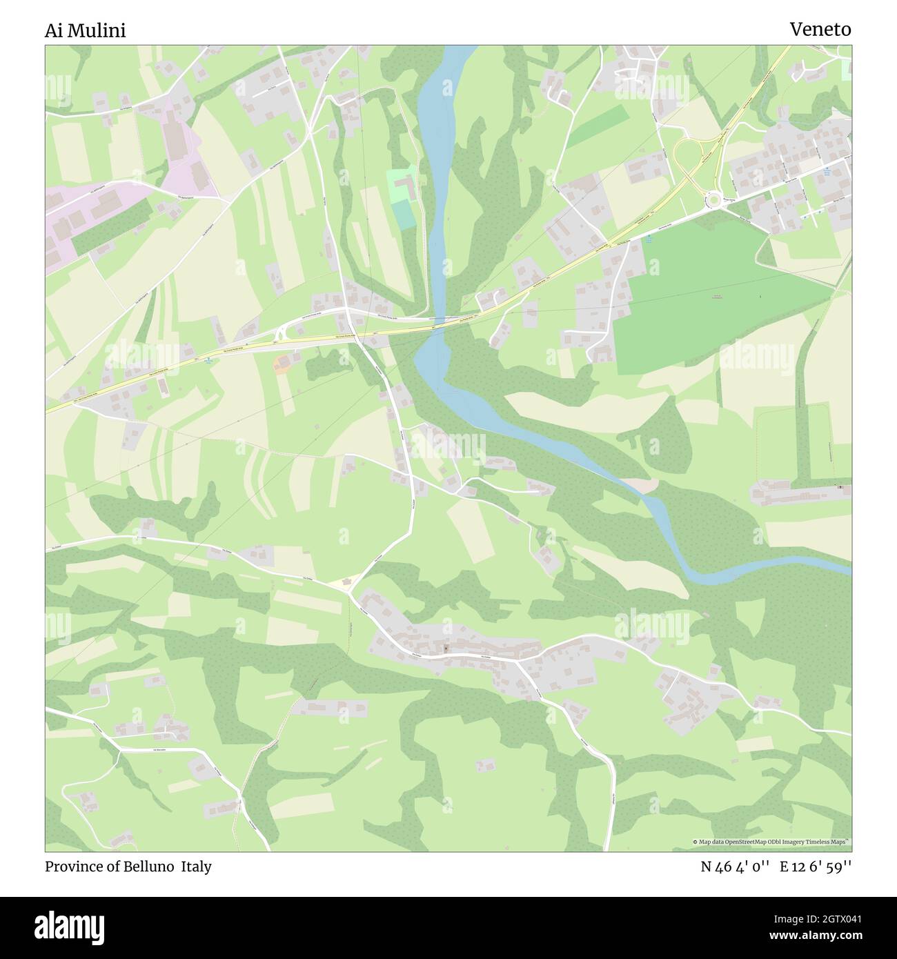 Ai Mulini, Provincia di Belluno, Italia, Veneto, N 46 4' 0''', e 12 6' 59''', mappa, Mappa senza tempo pubblicata nel 2021. Viaggiatori, esploratori e avventurieri come Florence Nightingale, David Livingstone, Ernest Shackleton, Lewis and Clark e Sherlock Holmes si sono affidati alle mappe per pianificare i viaggi verso gli angoli più remoti del mondo, Timeless Maps sta mappando la maggior parte delle località del mondo, mostrando il successo di grandi sogni Foto Stock