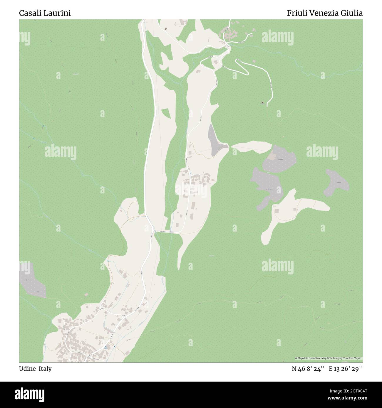 Casali Laurini, Udine, Italia, Friuli Venezia Giulia, N 46 8' 24'', e 13 26' 29''', mappa, mappa senza tempo pubblicata nel 2021. Viaggiatori, esploratori e avventurieri come Florence Nightingale, David Livingstone, Ernest Shackleton, Lewis and Clark e Sherlock Holmes si sono affidati alle mappe per pianificare i viaggi verso gli angoli più remoti del mondo, Timeless Maps sta mappando la maggior parte delle località del mondo, mostrando il successo di grandi sogni Foto Stock