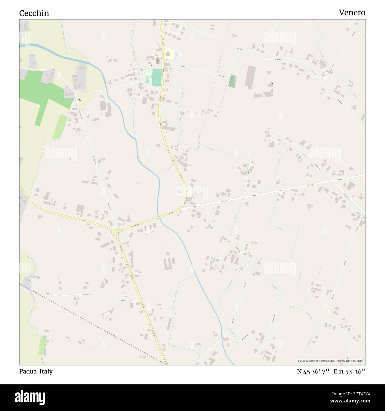 Cecchin, Padova, Italia, Veneto, N 45 36' 7'', e 11 53' 16'', mappa, Mappa senza tempo pubblicata nel 2021. Viaggiatori, esploratori e avventurieri come Florence Nightingale, David Livingstone, Ernest Shackleton, Lewis and Clark e Sherlock Holmes si sono affidati alle mappe per pianificare i viaggi verso gli angoli più remoti del mondo, Timeless Maps sta mappando la maggior parte delle località del mondo, mostrando il successo di grandi sogni Foto Stock