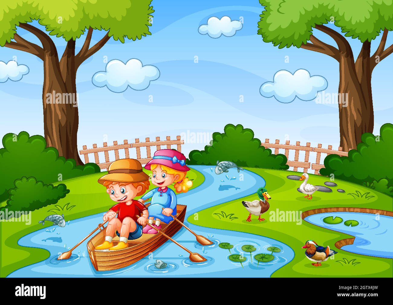 Due bambini fanno la barca nel ruscello con le loro anatre animali domestici Illustrazione Vettoriale