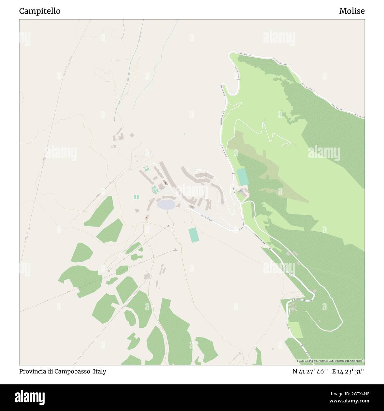 Campitello, Provincia di Campobasso, Italia, Molise, N 41 27' 46'', e 14 23' 31'', mappa, Mappa senza tempo pubblicata nel 2021. Viaggiatori, esploratori e avventurieri come Florence Nightingale, David Livingstone, Ernest Shackleton, Lewis and Clark e Sherlock Holmes si sono affidati alle mappe per pianificare i viaggi verso gli angoli più remoti del mondo, Timeless Maps sta mappando la maggior parte delle località del mondo, mostrando il successo di grandi sogni Foto Stock