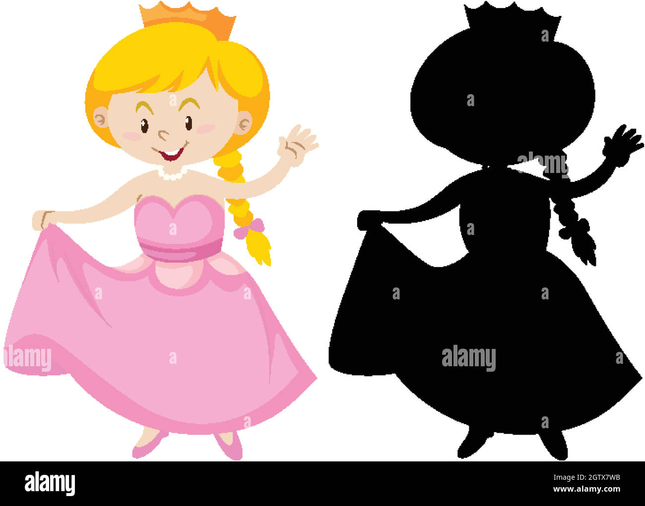 Bella principessa di colore e silhouette Illustrazione Vettoriale