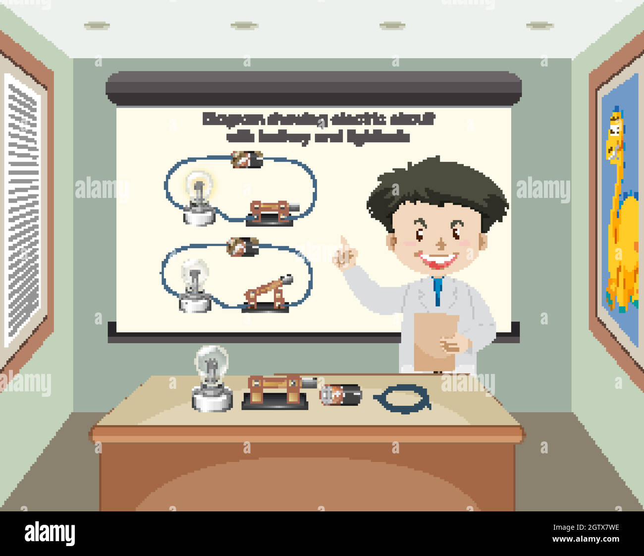 Scienziato che spiega il circuito elettrico con la batteria e la lampadina Illustrazione Vettoriale
