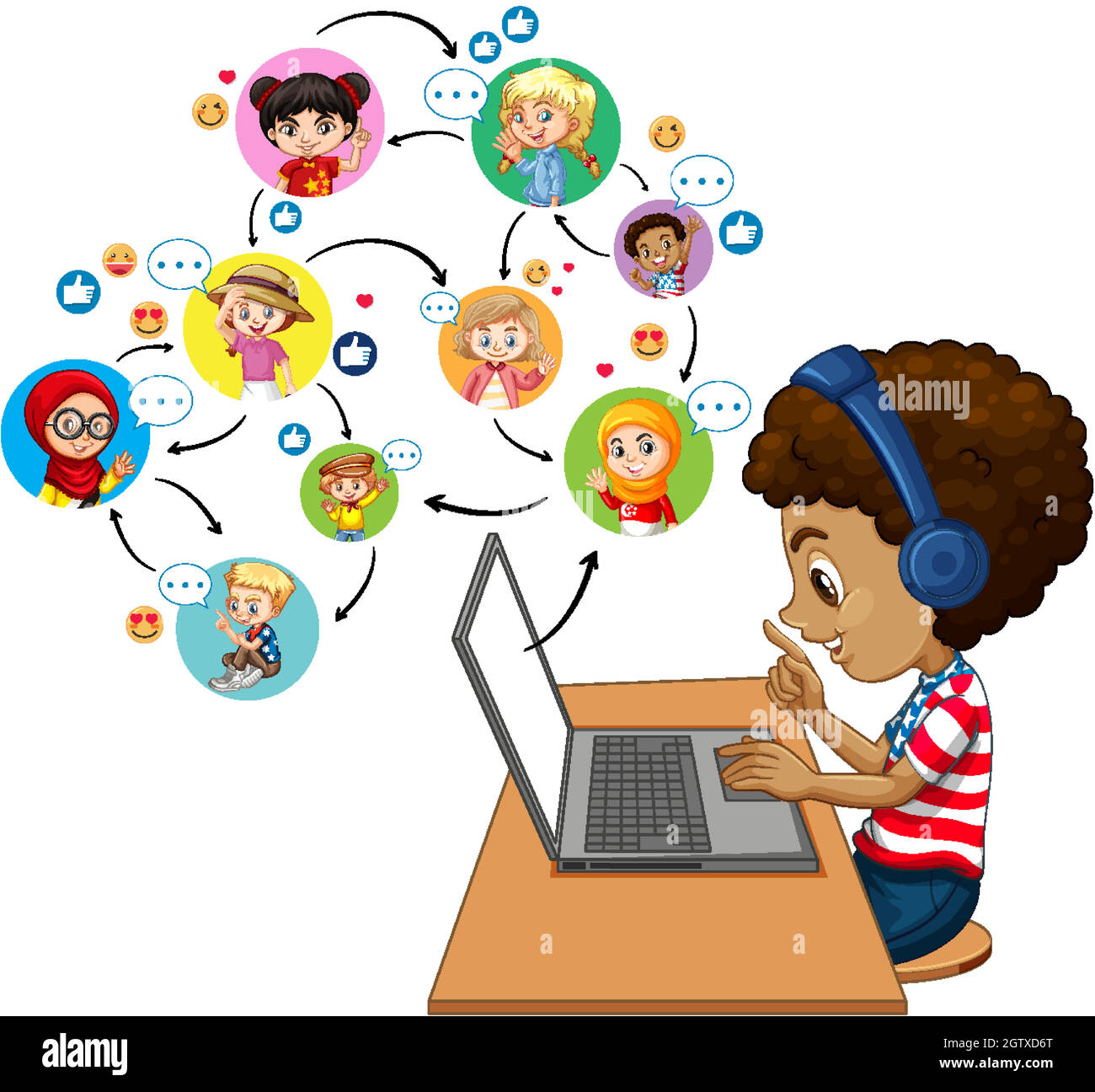 Vista laterale di un ragazzo che utilizza un computer portatile per comunicare la videoconferenza con l'insegnante e gli amici su sfondo bianco Illustrazione Vettoriale