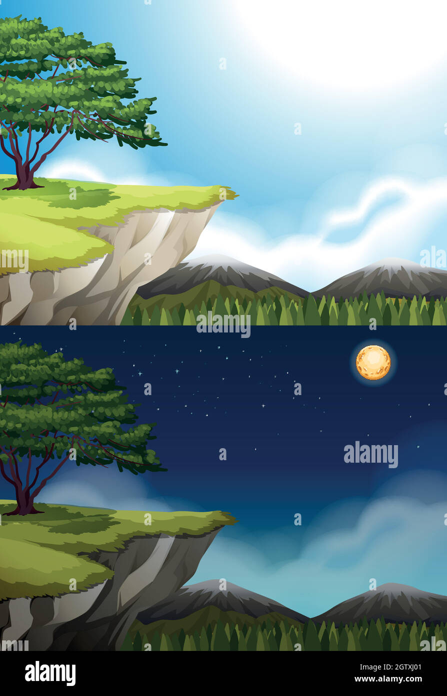 Scena naturale della scogliera di notte e di giorno Illustrazione Vettoriale