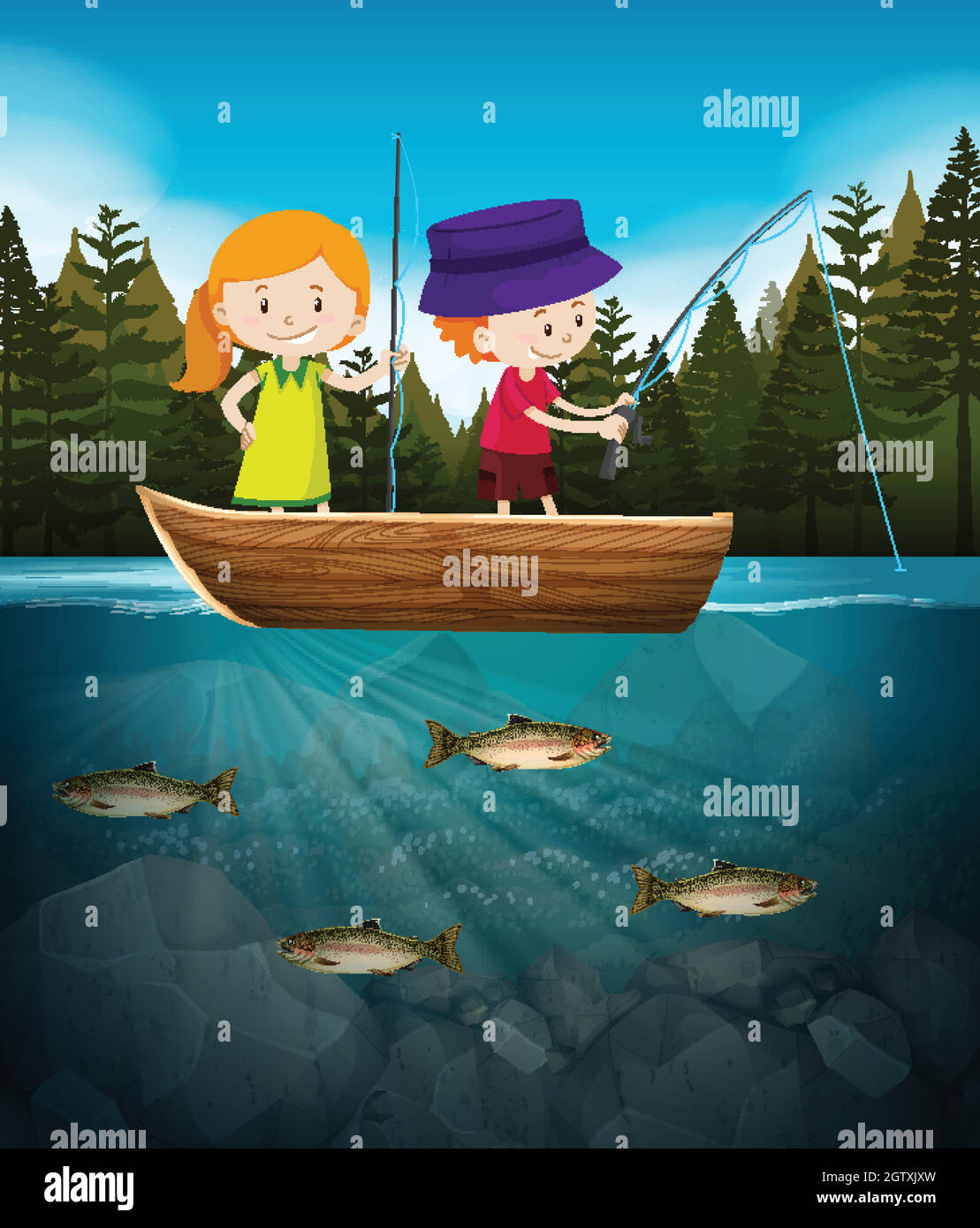 Ragazzo e ragazza pesca nel lago Illustrazione Vettoriale