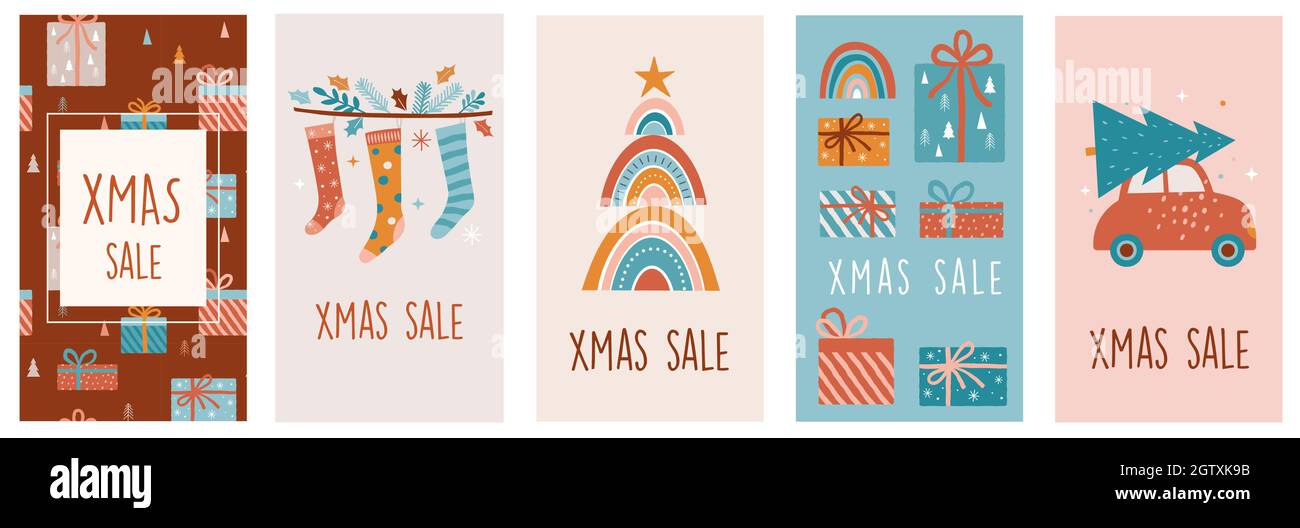 Allegro Boho di Natale, collezione boema. Disegno e illustrazione vettoriale alla moda di Natale. Arcobaleni, decorazioni ed elementi invernali nordici Illustrazione Vettoriale