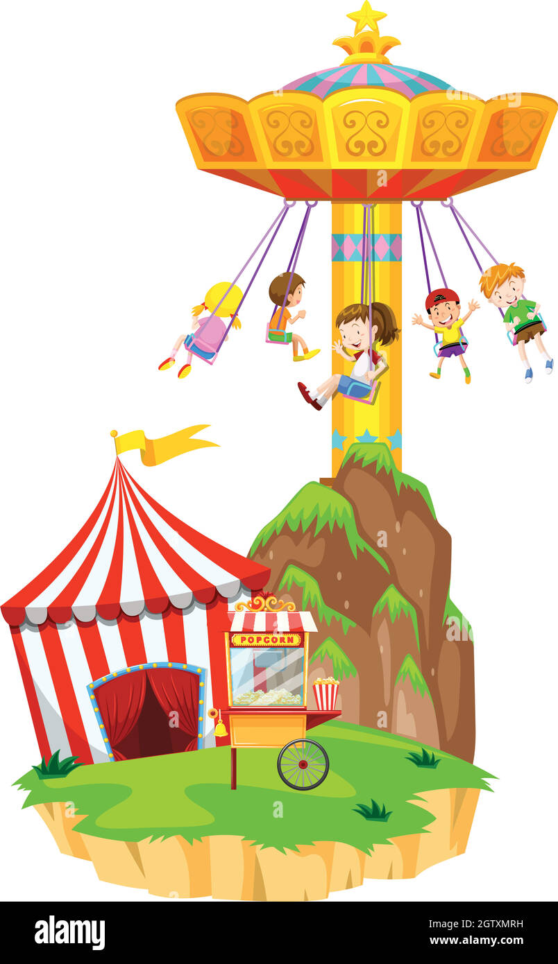 Bambini che giocano a swing gigante al funpark Illustrazione Vettoriale