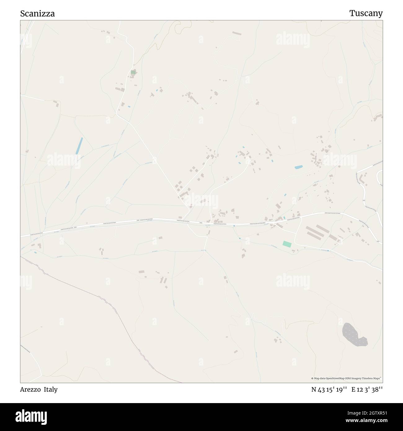 Scanizza, Arezzo, Italia, Toscana, N 43 15' 19'', e 12 3' 38'', mappa, mappa senza tempo pubblicata nel 2021. Viaggiatori, esploratori e avventurieri come Florence Nightingale, David Livingstone, Ernest Shackleton, Lewis and Clark e Sherlock Holmes si sono affidati alle mappe per pianificare i viaggi verso gli angoli più remoti del mondo, Timeless Maps sta mappando la maggior parte delle località del mondo, mostrando il successo di grandi sogni Foto Stock