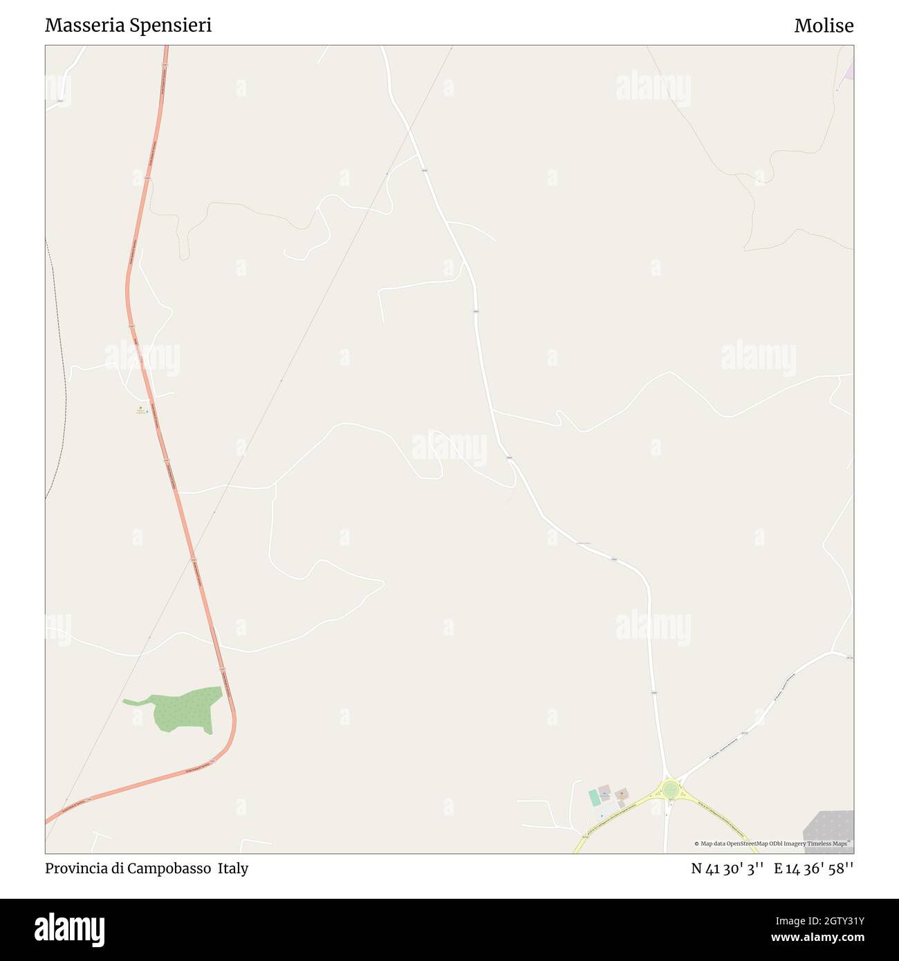 Masseria Spensieri, Provincia di Campobasso, Italia, Molise, N 41 30' 3'', e 14 36' 58''', mappa, Mappa senza tempo pubblicata nel 2021. Viaggiatori, esploratori e avventurieri come Florence Nightingale, David Livingstone, Ernest Shackleton, Lewis and Clark e Sherlock Holmes si sono affidati alle mappe per pianificare i viaggi verso gli angoli più remoti del mondo, Timeless Maps sta mappando la maggior parte delle località del mondo, mostrando il successo di grandi sogni Foto Stock