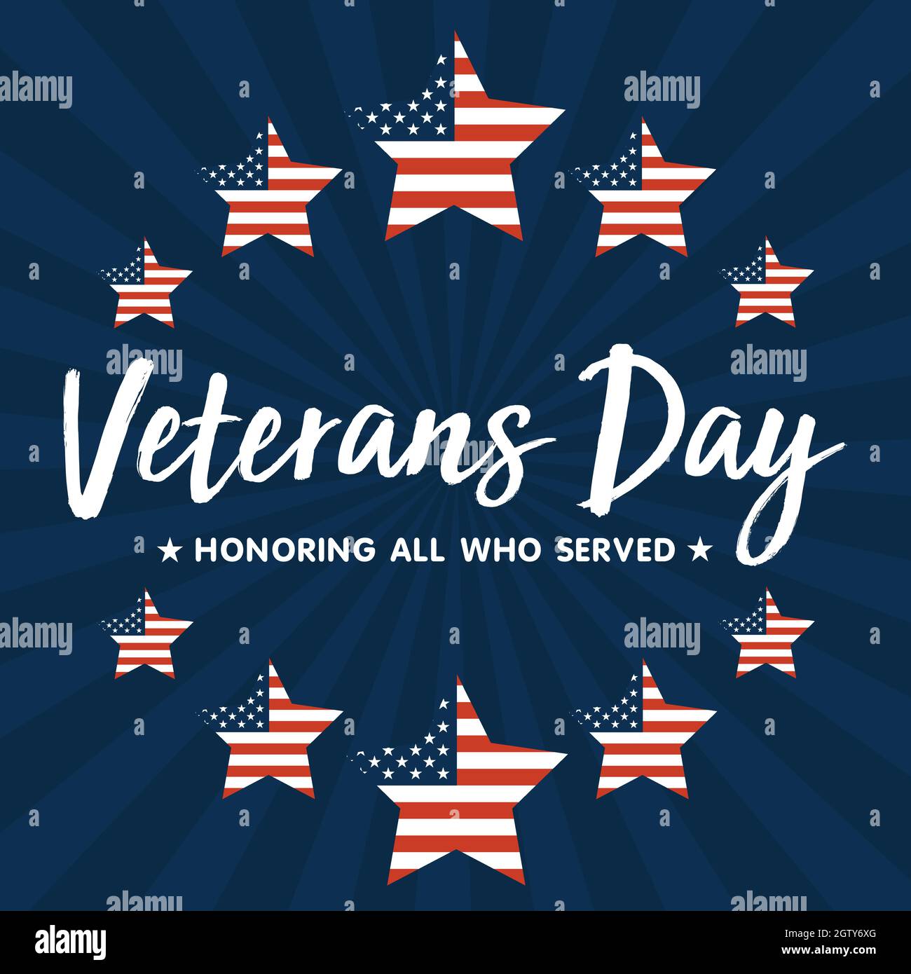 Veterans Day Vector illustrazione, onorando tutti coloro che hanno servito, bandiera USA ondeggiante su sfondo blu. Illustrazione Vettoriale