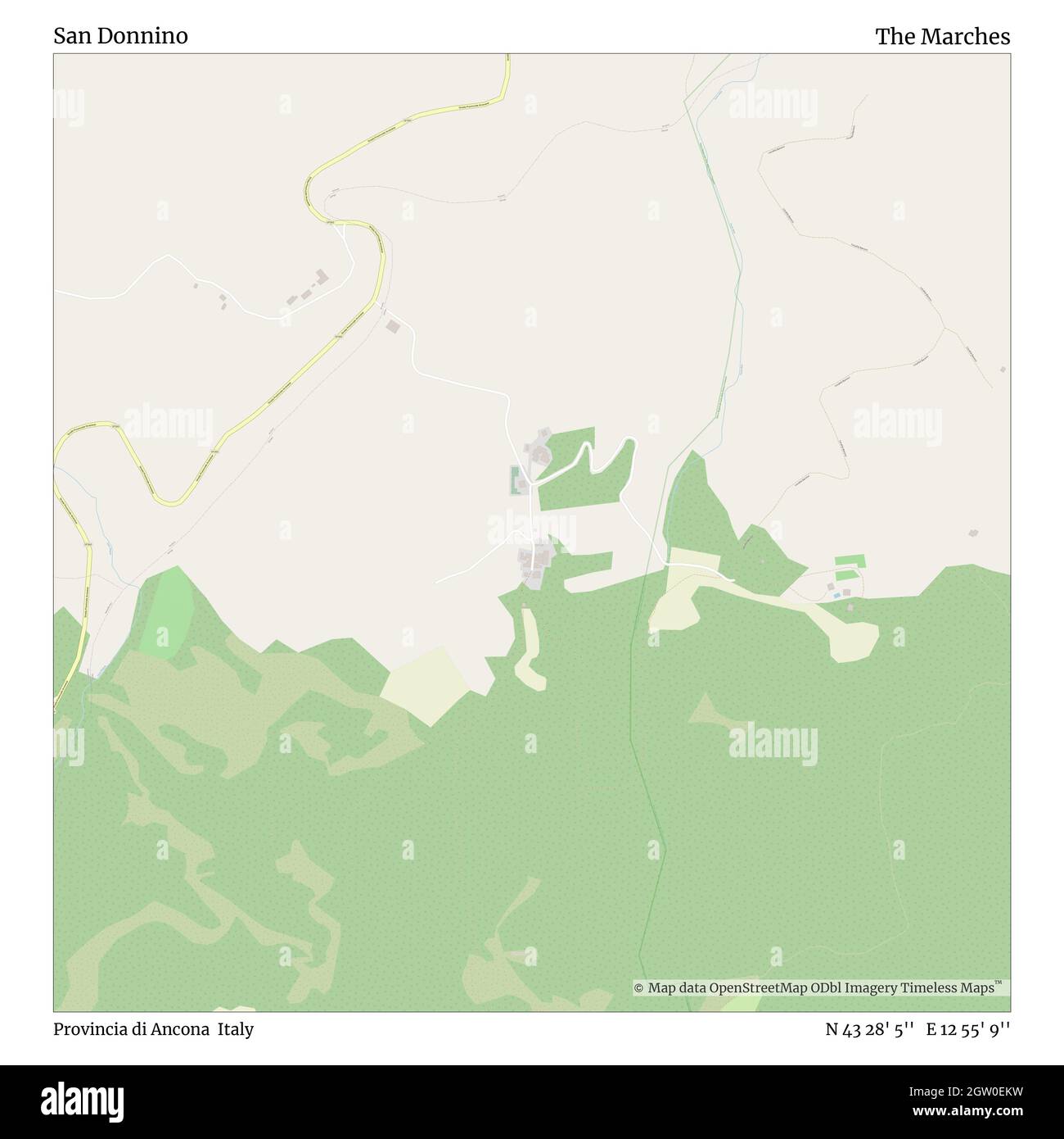 San Donnino, Provincia di Ancona, Italia, Marche, N 43 28' 5'', e 12 55' 9'', mappa, Mappa senza tempo pubblicata nel 2021. Viaggiatori, esploratori e avventurieri come Florence Nightingale, David Livingstone, Ernest Shackleton, Lewis and Clark e Sherlock Holmes si sono affidati alle mappe per pianificare i viaggi verso gli angoli più remoti del mondo, Timeless Maps sta mappando la maggior parte delle località del mondo, mostrando il successo di grandi sogni Foto Stock