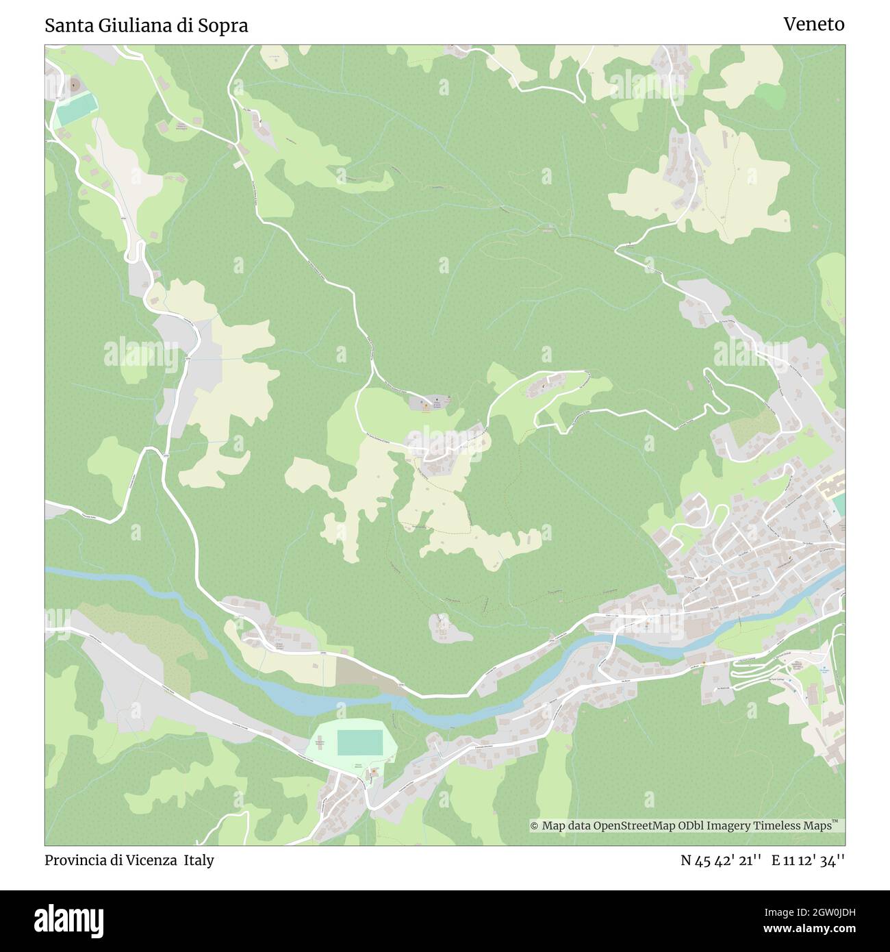 Santa Giuliana di sopra, Provincia di Vicenza, Italia, Veneto, N 45 42' 21'', e 11 12' 34'', mappa, Mappa senza tempo pubblicata nel 2021. Viaggiatori, esploratori e avventurieri come Florence Nightingale, David Livingstone, Ernest Shackleton, Lewis and Clark e Sherlock Holmes si sono affidati alle mappe per pianificare i viaggi verso gli angoli più remoti del mondo, Timeless Maps sta mappando la maggior parte delle località del mondo, mostrando il successo di grandi sogni Foto Stock