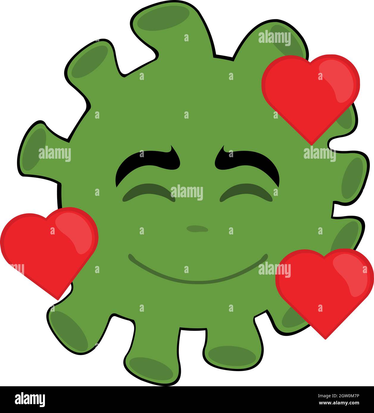 Illustrazione di un'emoticon vettoriale di un cartoon microbe, virus o batteri, circondato da cuori Illustrazione Vettoriale