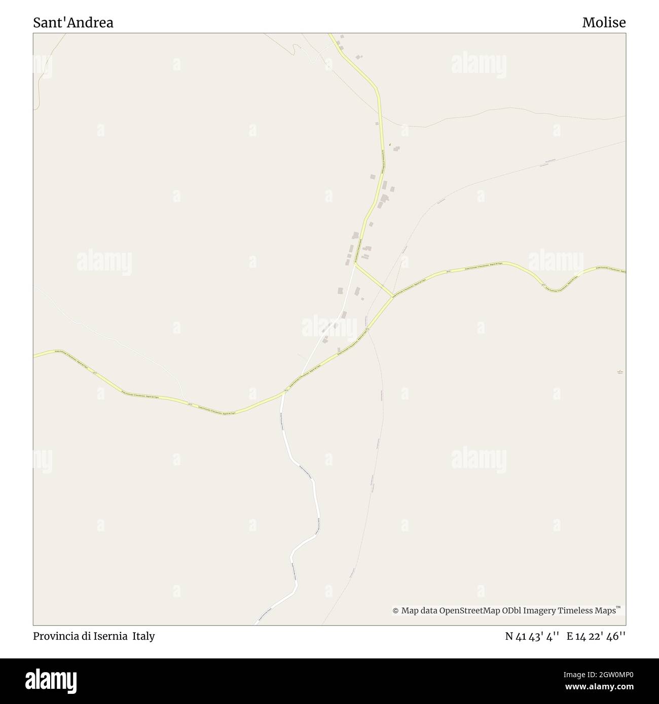 Sant'Andrea, Provincia di Isernia, Italia, Molise, N 41 43' 4'', e 14 22' 46''', mappa, mappa senza tempo pubblicata nel 2021. Viaggiatori, esploratori e avventurieri come Florence Nightingale, David Livingstone, Ernest Shackleton, Lewis and Clark e Sherlock Holmes si sono affidati alle mappe per pianificare i viaggi verso gli angoli più remoti del mondo, Timeless Maps sta mappando la maggior parte delle località del mondo, mostrando il successo di grandi sogni Foto Stock