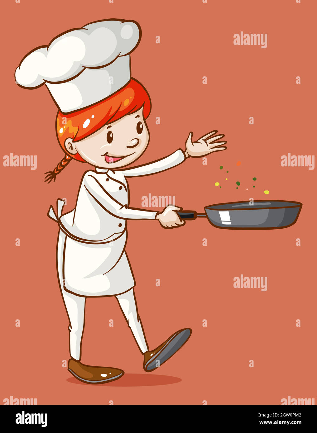 Chef femminile che cucinano con una padella Illustrazione Vettoriale