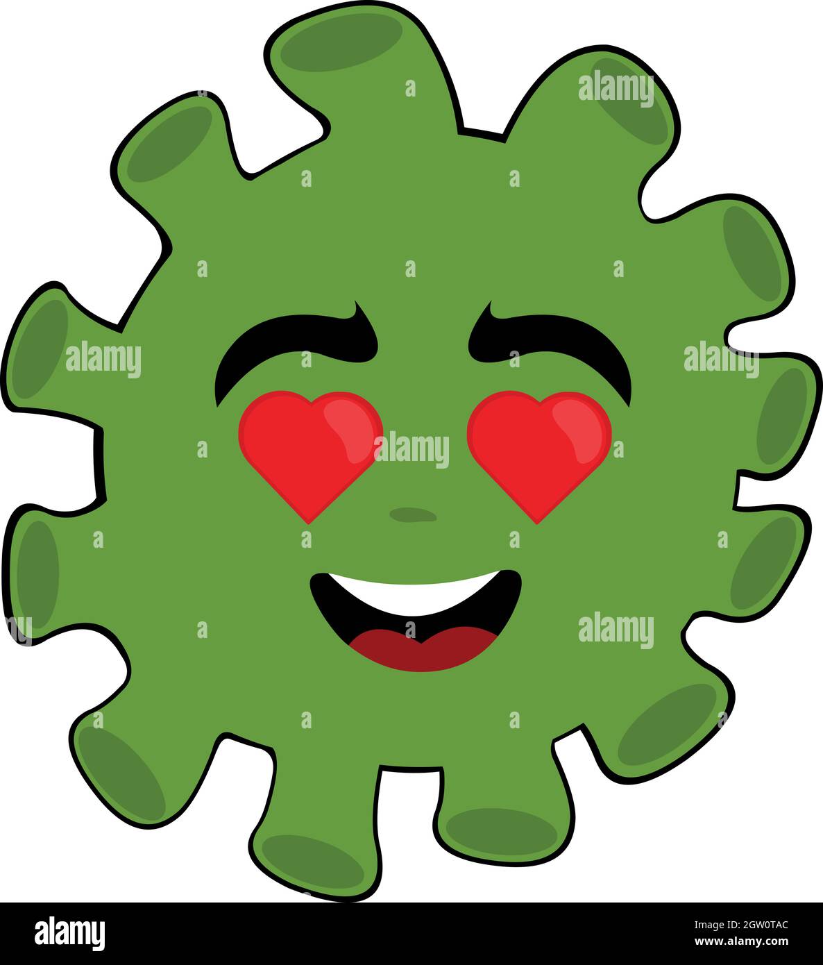 Emoticon vettoriale illustrazione di un cartone di batteri, virus o microbi, con occhi a forma di cuore Illustrazione Vettoriale