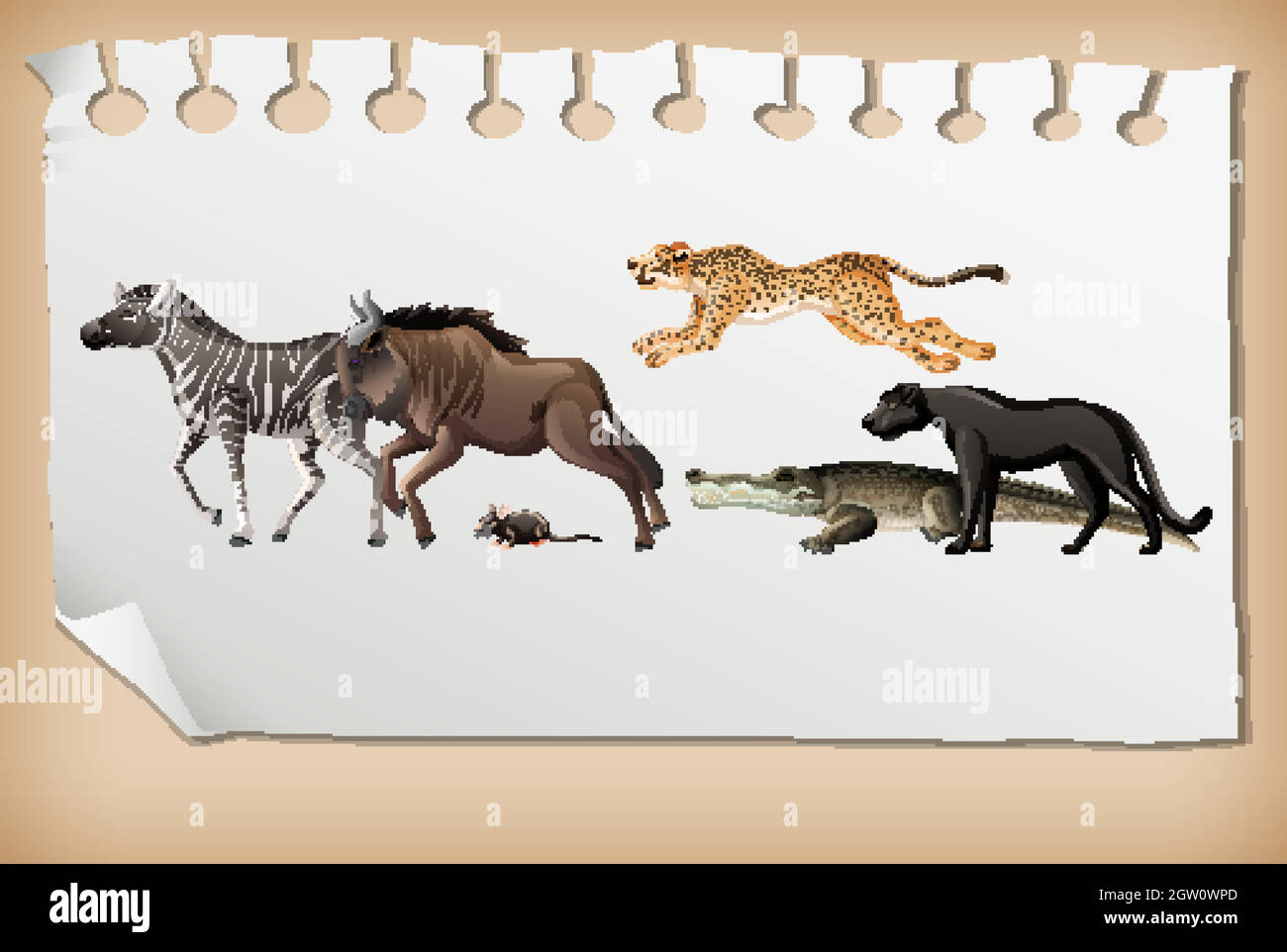 Gruppo di animali selvatici africani su carta Illustrazione Vettoriale