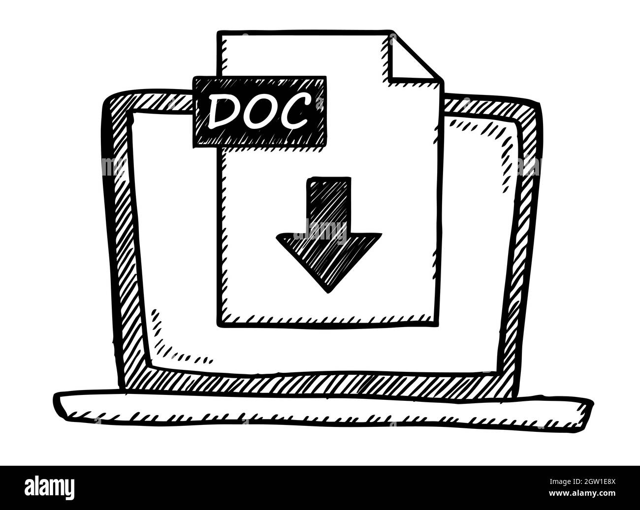 Illustrazione vettoriale dell'icona di download del file doc sullo schermo del portatile. Immagine di doble in bianco e nero disegnata a mano. Illustrazione Vettoriale