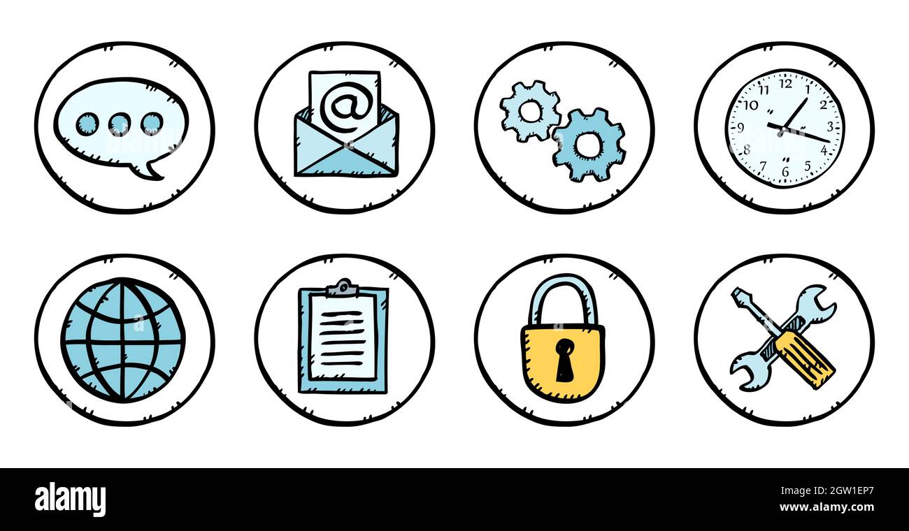 Icone vettoriali disegnate a mano insieme di temi aziendali. Stile di schizzo icone colorate illustrazioni in cerchio. Illustrazione Vettoriale